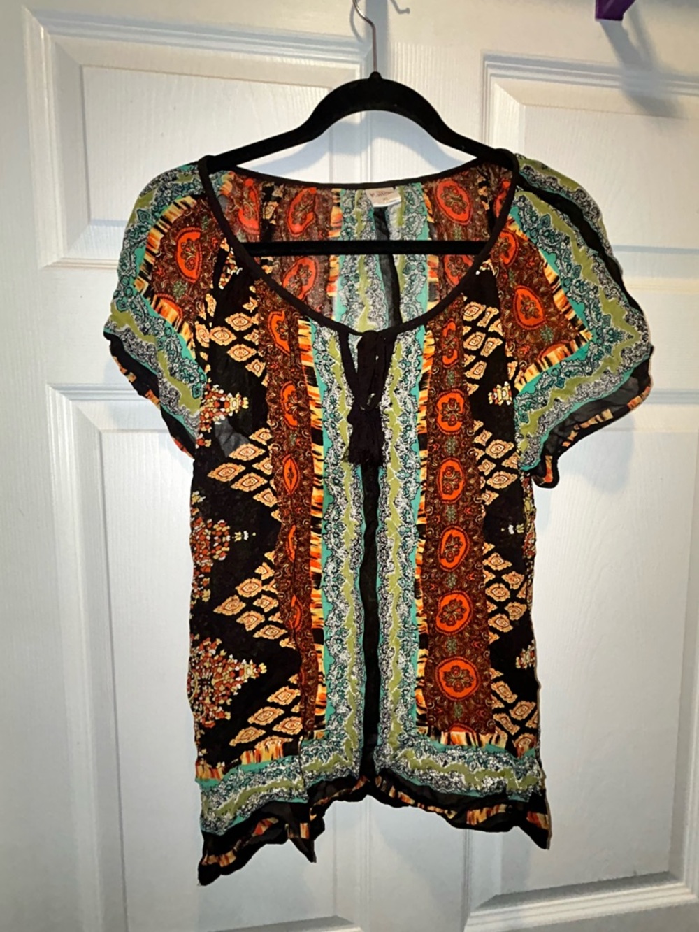 Bila Multicolor Boho Peasant Blouse - Black, Orange & Green